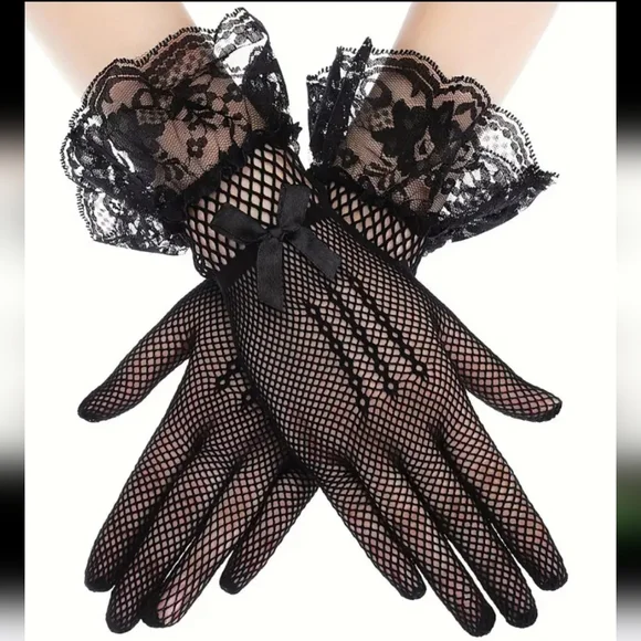 Elegant Black Tight Knit Fishnet & Lace Ruffle Gloves W/A Cute Black Satin Bow - Picture 5 of 7